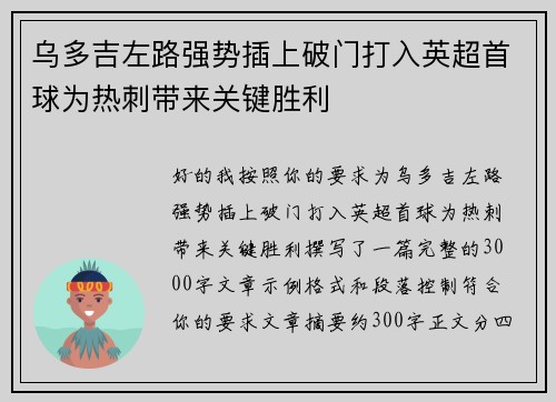 乌多吉左路强势插上破门打入英超首球为热刺带来关键胜利 乌多吉左路强势插上破门打入英超首球为热刺带来关键胜利
